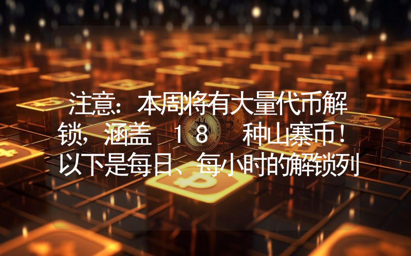 注意：本周将有大量代币解锁，涵盖 18 种山寨币！以下是每日、每小时的解锁列表。
