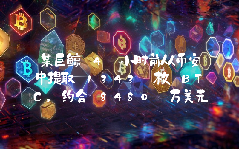 某巨鲸 4 小时前从币安中提取 1343 枚 BTC,约合 8480 万美元